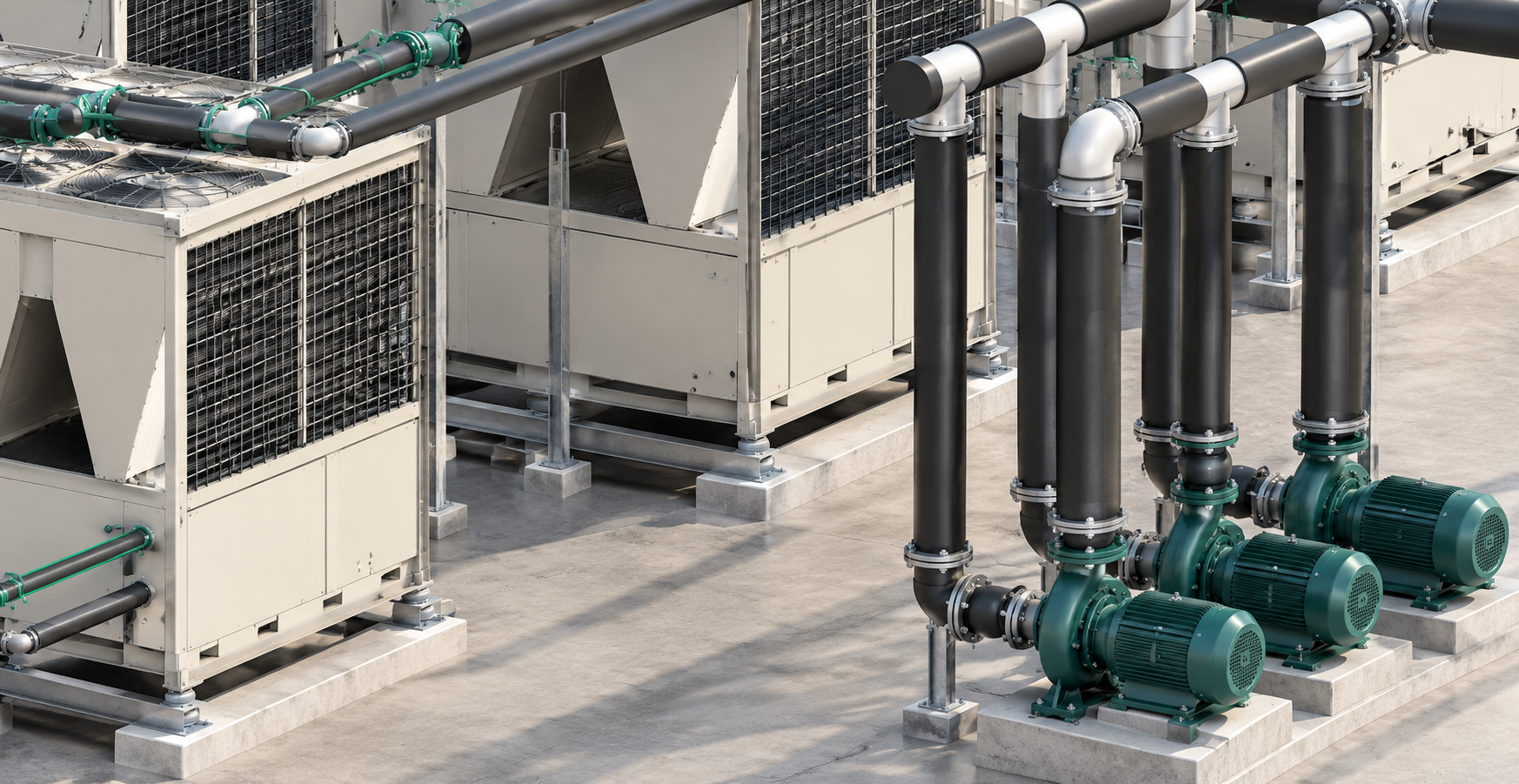Central de Água Gelada com chillers, bombas e tubulações